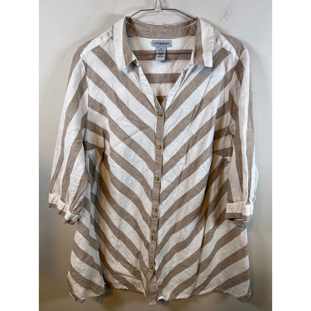 Catherines Womens Shirt Linen Blend Striped Tan White 1X 18/20W